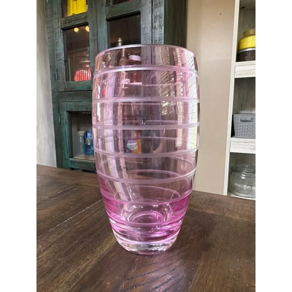 Rose Pink Glass Large Vase Etched Pink Stripes Bands 8